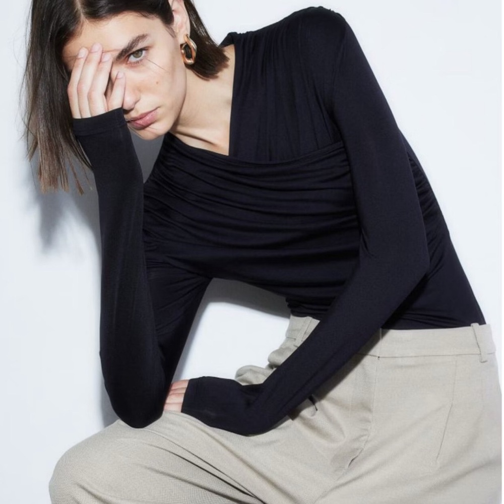 H&M Black Ruched Drape Blouse Jersey Wrap Top